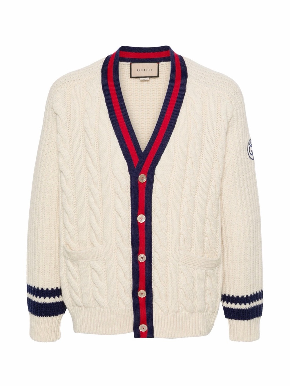Cable Knit Cardigan with Navy & Red Stripe Trim